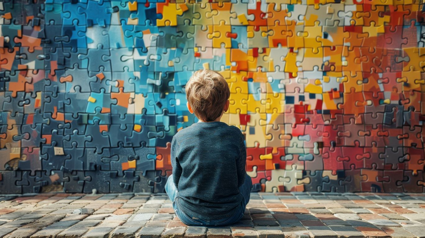 small boy facing wall of puzzle pieces