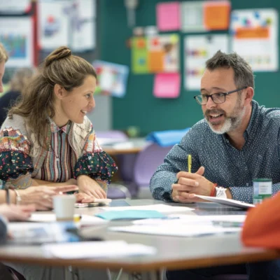 teachers collaborating in a faculty meeting
